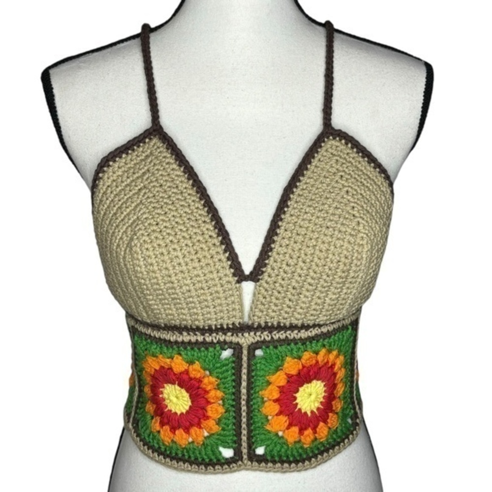 Handcrafted Crochet Crop Top Sunburst Granny Square Cropped Cotton Yarn Handmade